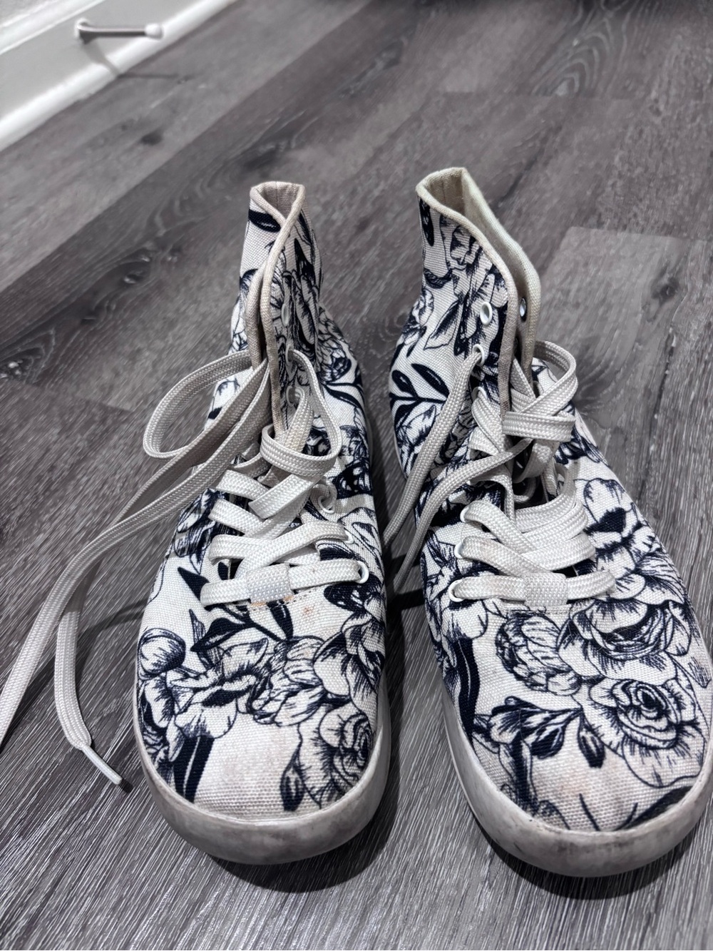 NOBULL White Canvas Lace-Up Boots with Navy Floral Print